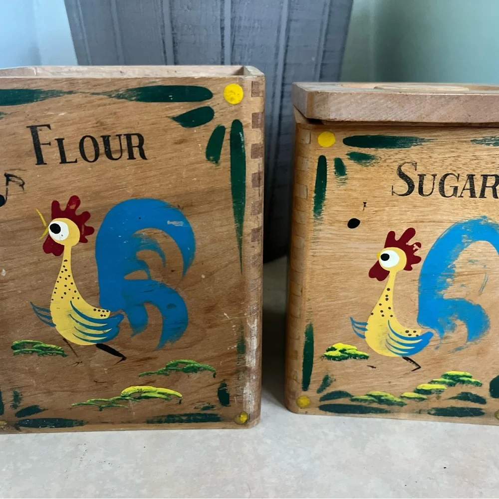 Vintage*Wood Rooster/ Rustic Wooden Kitchen Canister Set with Rooster Design